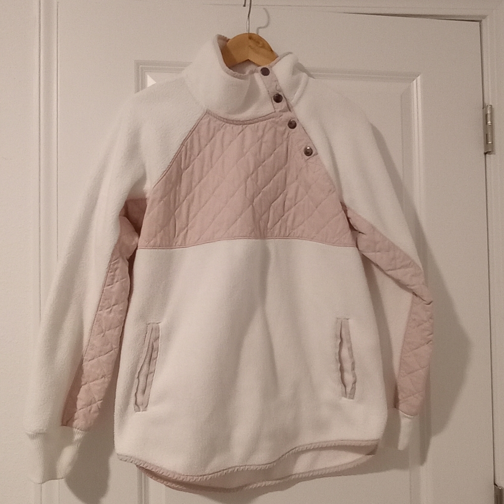 Abercrombie & Fitch Asymmetrical Snap-Up Fleece Pullover Cream and Pink Size M